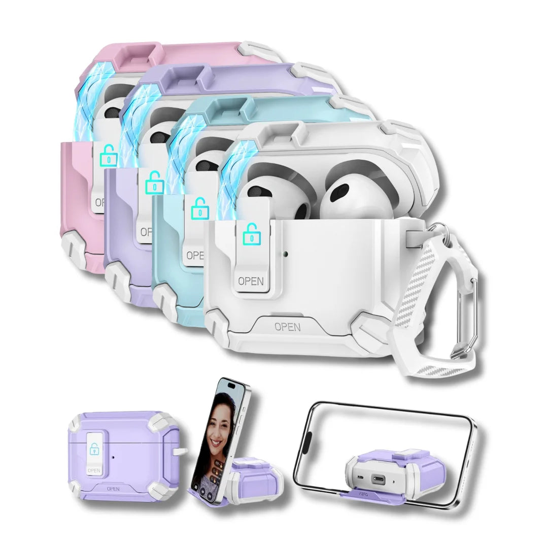 For AirPods Pro Case with Phone Stand & Lock Clip, Shockproof TPU Cover for 4th/3rd/2nd Gen, Wireless Charging Compatible